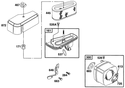 Air Cleaner Grp, Muffler Grp Diagram and Parts List for 282707-0118-XX  Briggs and Stratton Engine
